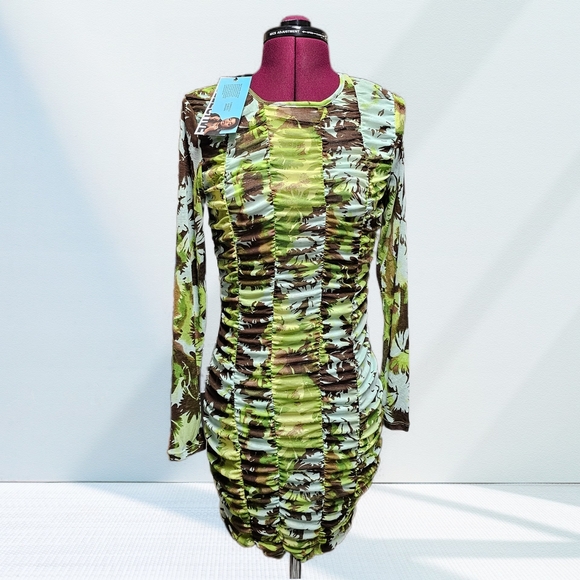 Ruched Bodycon Floral Long Sleeve Mini Dress NWT - Picture 2 of 15